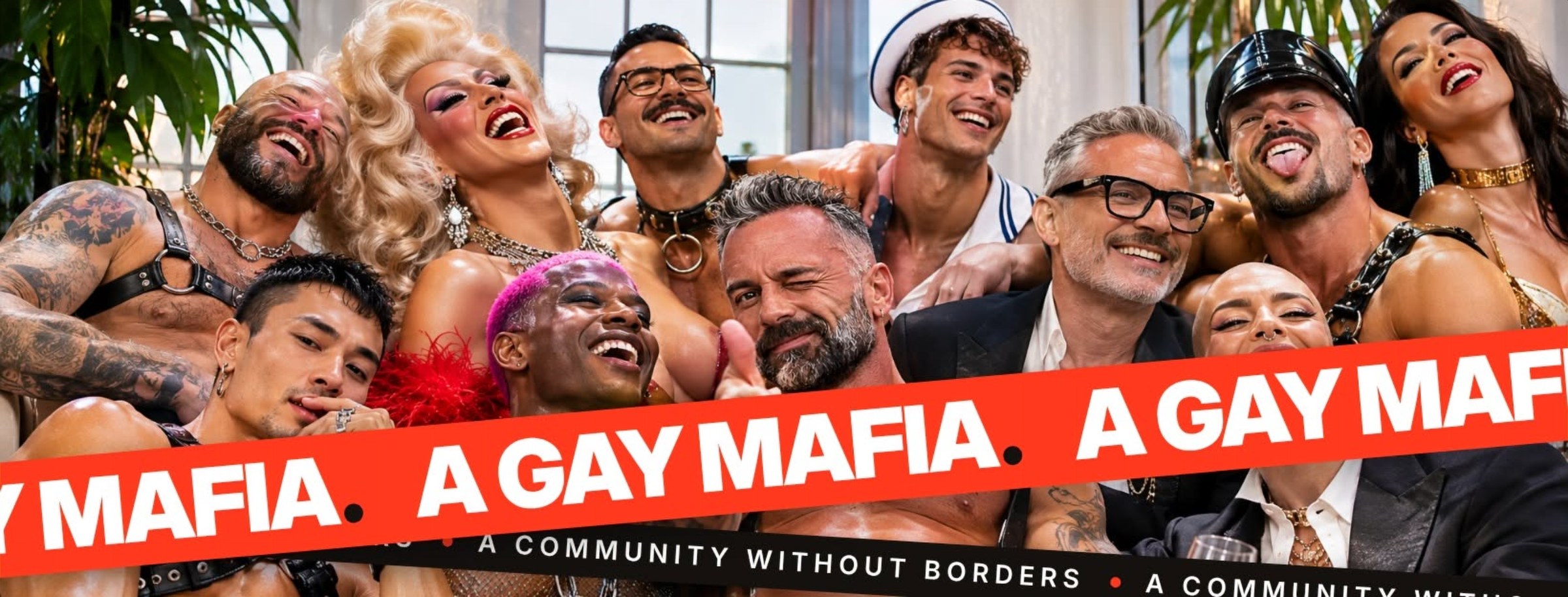 A Gay Mafia: friends laughing together, crossed by a red tape reading A GAY MAFIA